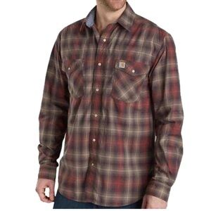 Carhartt Men’s Rugged Flex Bozeman XL Red Brown Plaid Western Pearl Snap Shirt